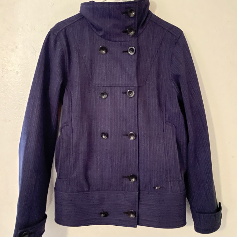 Mountain Equipment Co-op MEC Purple Black Herringbone Coat Faux Fur Interior M
